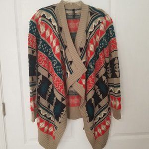 On Twelfth Aztec Print Open Front Sweater Size Large Teal Red Tan
